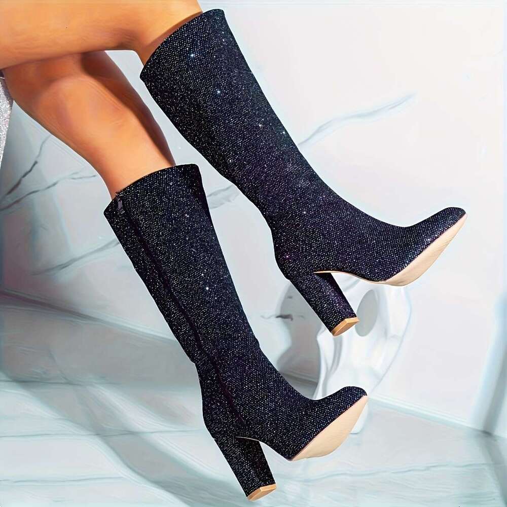 Women's Ultra-High Block Heel Pointed Toe Riding Thick Platform Winter With Side Zipper, Shiny Synthetic Glossy Faux Upper, Cushioned & PVC Sole 