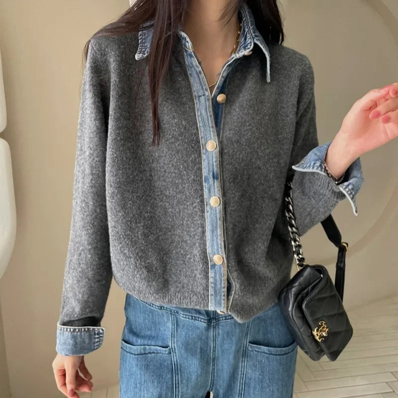 Slimming Effect Korean Style Denim Splicing Knitted Open Cardigan Womens Fashion Outerwear Ultra Thin Long Sleeve Urban Style 251029