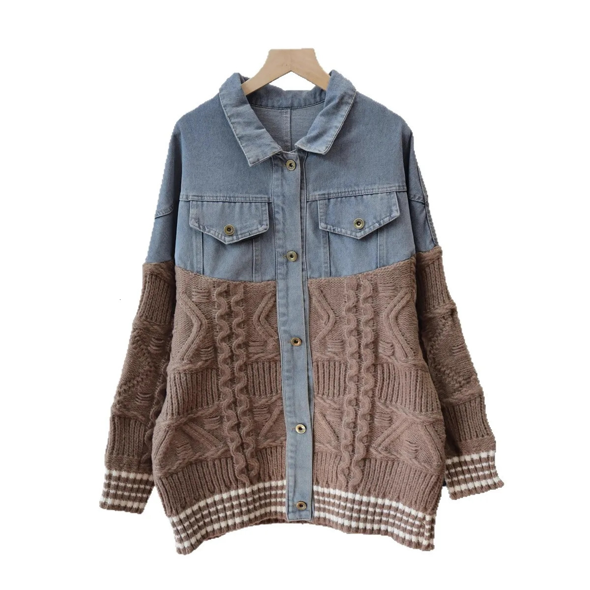 Women Denim Knitted Cardigan Sweater Spliced Jumper Turn Down Collar Long Sleeve Single Breasted Loose Casual 2025 Autumn Winter 251029
