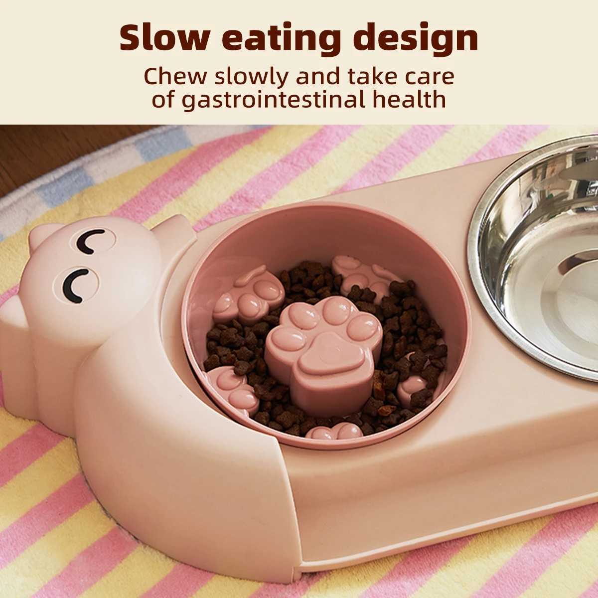 One piece multifunctional pet double bowl cartoon containing stainless steel bowl pet food utensils pet feeding water feeding J251113