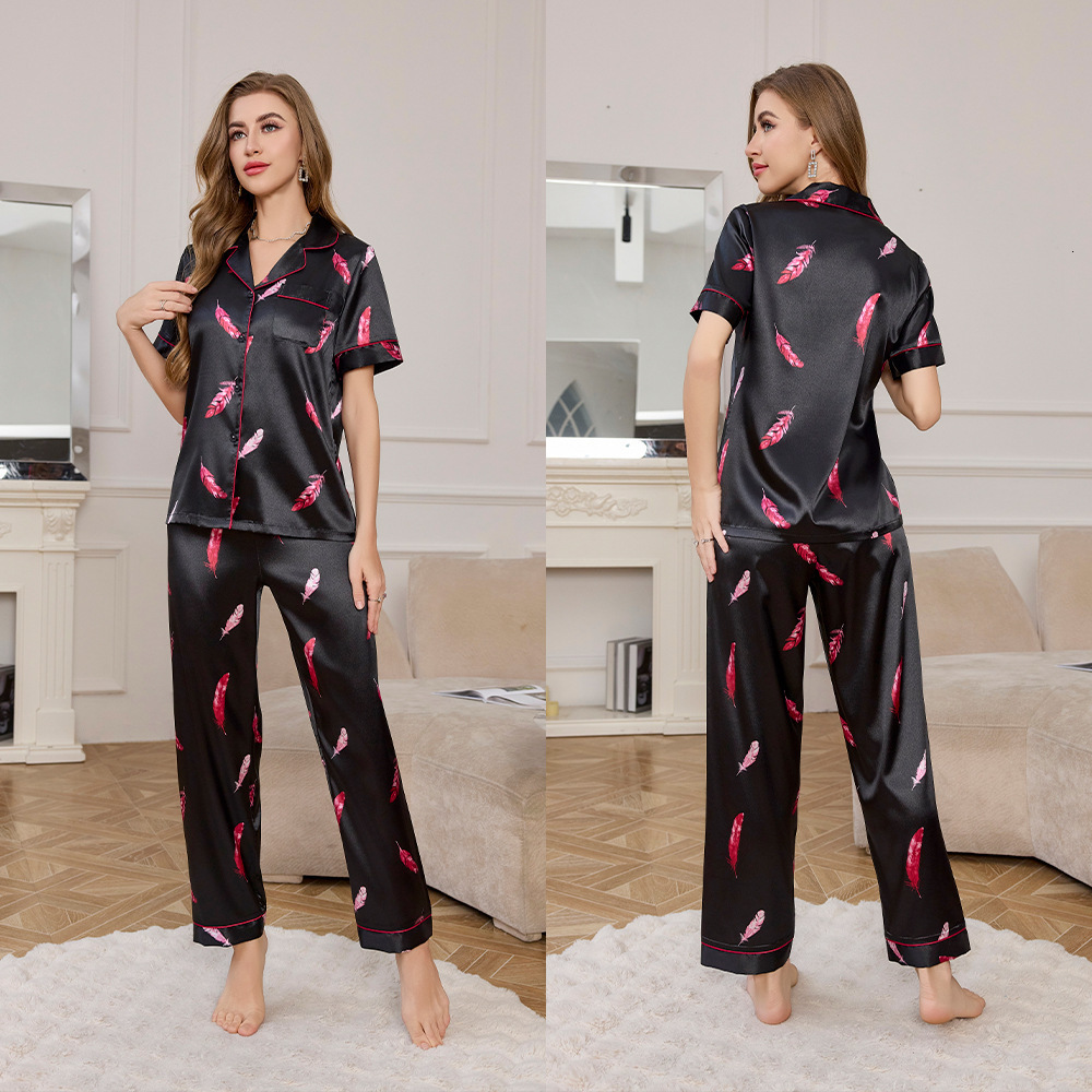 Yaoting Ice Silk Pajamas for Women Summer Short Sleeve Long Pants Homewear Set Highend Printed Twopiece Set TZ3432 230828