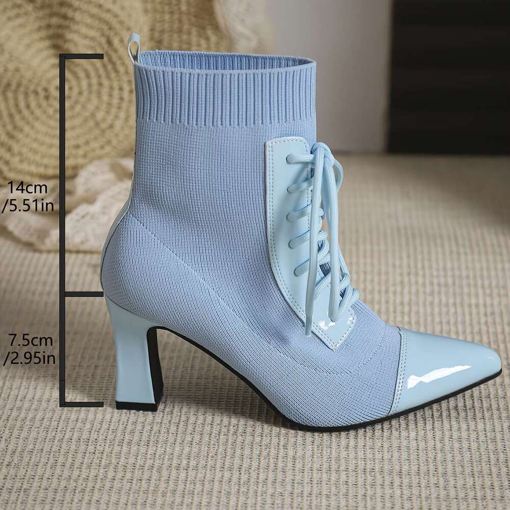 Women's Light Blue Pointed-Toe High-Heel Slip-On Chunky Heel Ankle Boots Elegant Fabric Upper With TPU Sole, Round Buckle Strap Low-Cut Design Fo