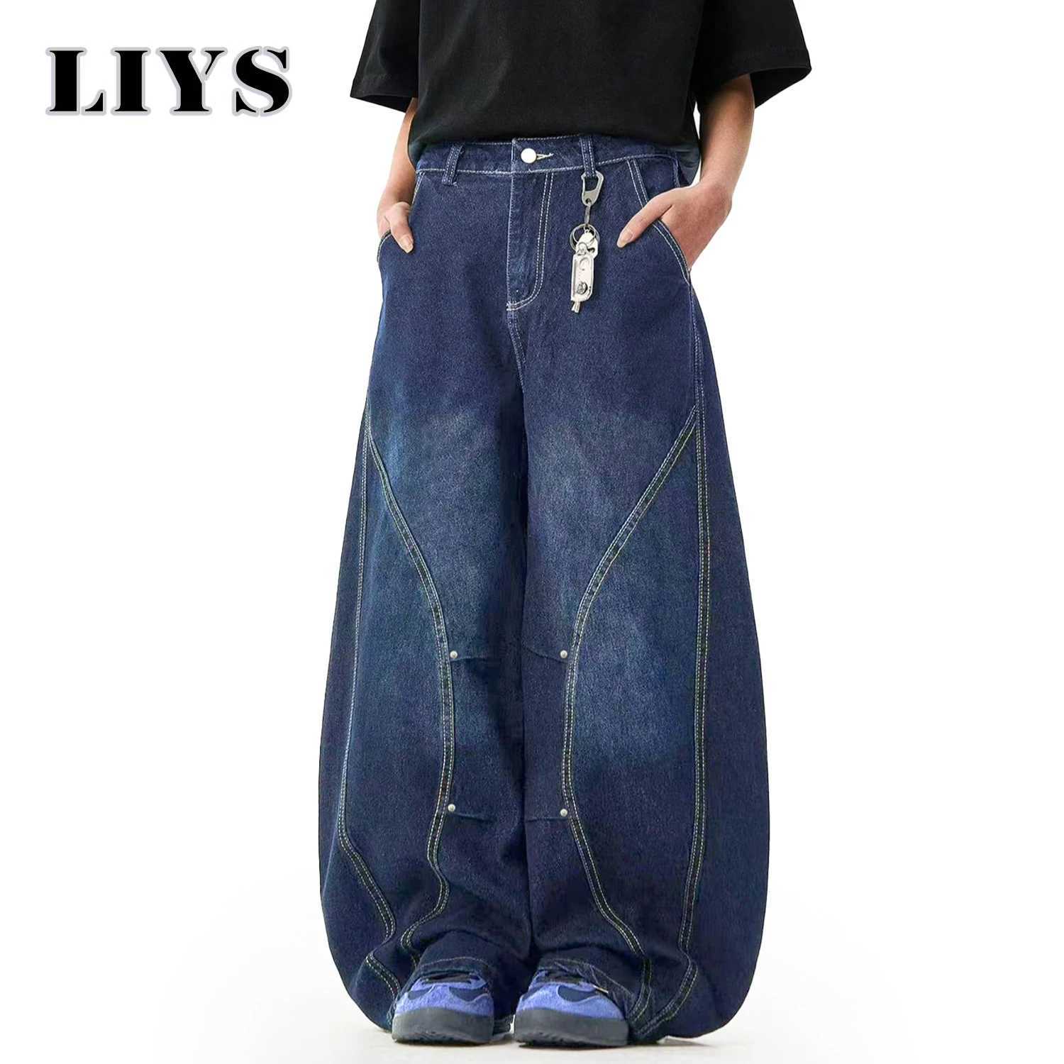 Mens American Retro Blue Loose Machete Wide Leg Jeans Unisex Baggy Straight Leg Sickle Denim Pants Deconstructed Balloon Pants J2510301