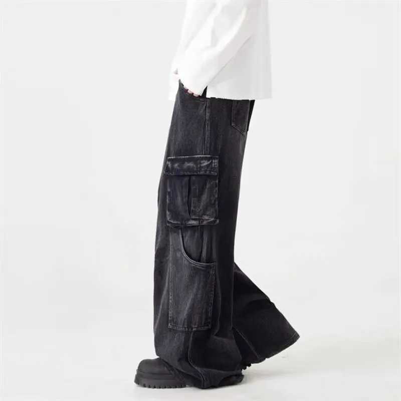 2025 American Retro Y2K Streetwear Washed Black Baggy Cargo Jeans Pants For Men Clothing Wide Leg Straight Trousers Ropa Hombre J251030