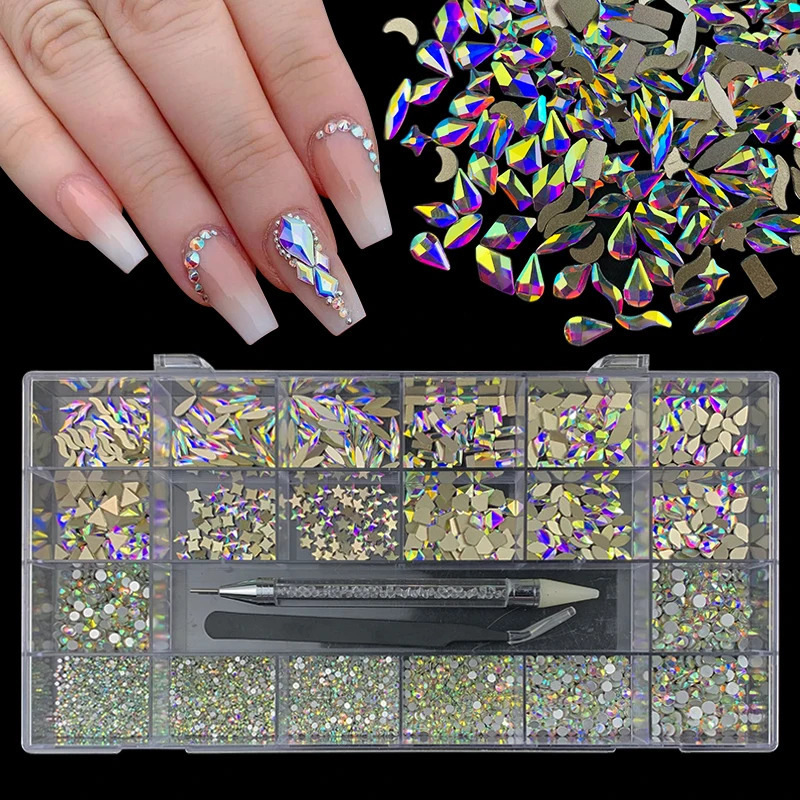 1 Box Shiny Diamond Nail Art Rhinestones Kit Glass Crystal Decorations Set 1pcs Pick Up Pen In Grids Box 21 Shapes 251027