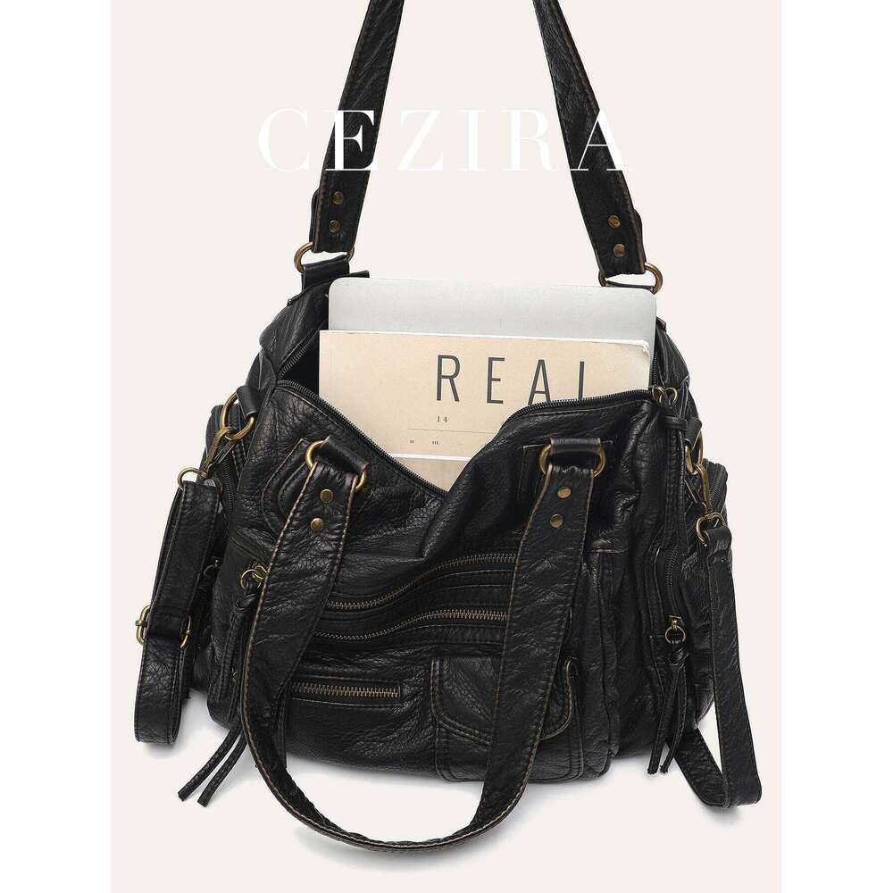 Vintage Women Unisex Brush-Off Color Washed PU Vegan Leather Zip Pockets Shoulder Cross Body Bag Large Retro Casual Daily Travel