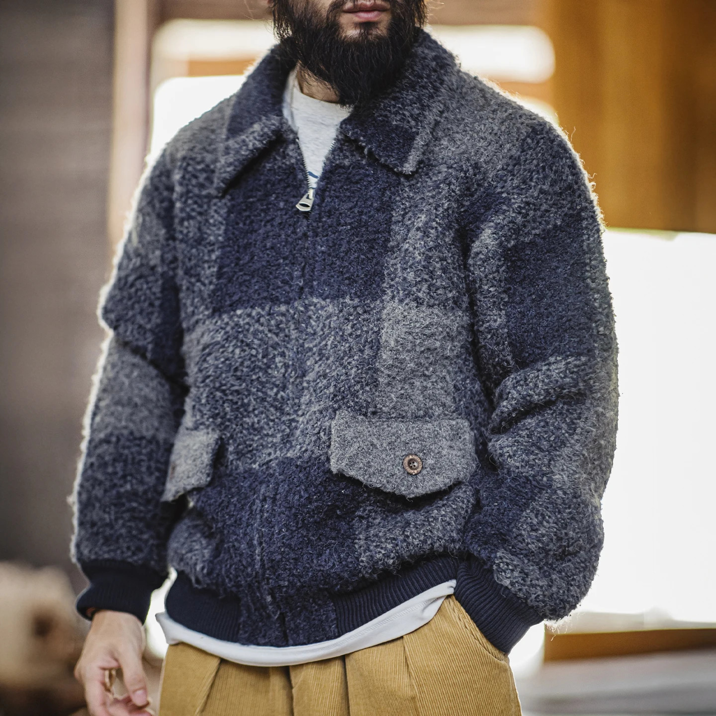 Maden Vintage Mens Plaid Wool Blend Cardigan Jacket Collar Zippered Huntuing Warm Coat for Autumn Winter Streetwear 251029