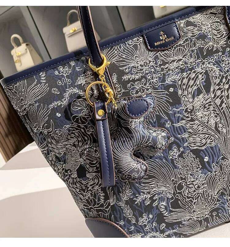 Large Capacity Blue Color Embroidery Tote Fashion Purse High Quality Women Handbag Shoulder Underarm Female Shopping Bag