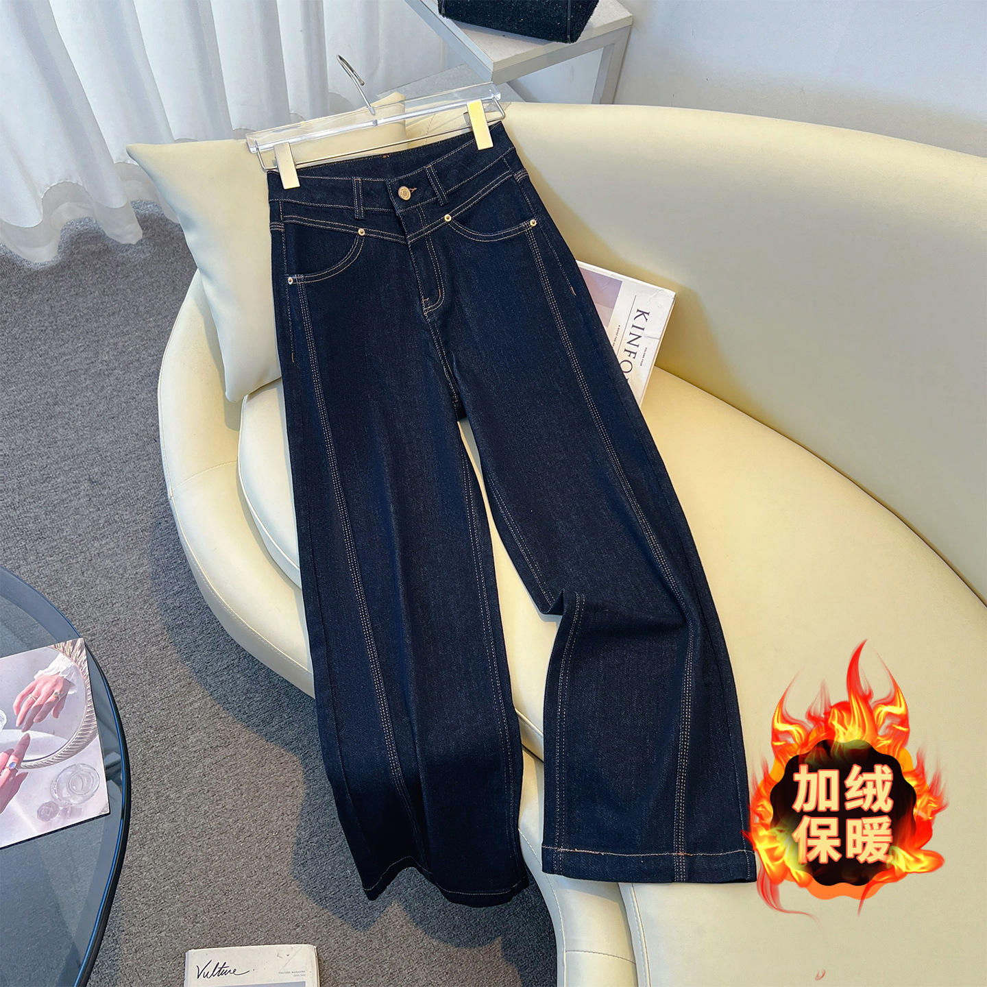 Designer luxury Fleece-Lined Wide-Leg Jeans for Women, Autumn/Winter 2025 New High-Waisted Loose Slimming Draped Thickened Casual Straight Pants