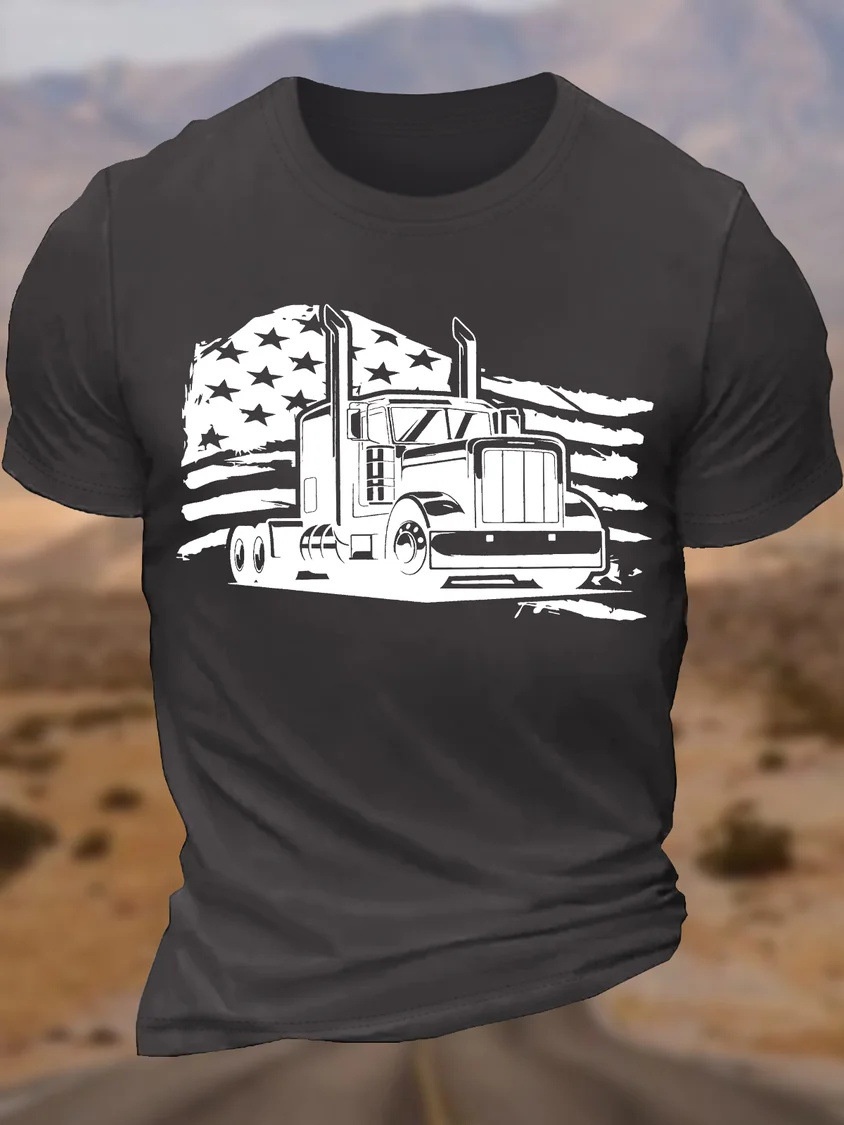 European & American Oversized Men's Flag Trucker Funny Crew Neck Casual Cotton Letter T-Shirt - TT7381