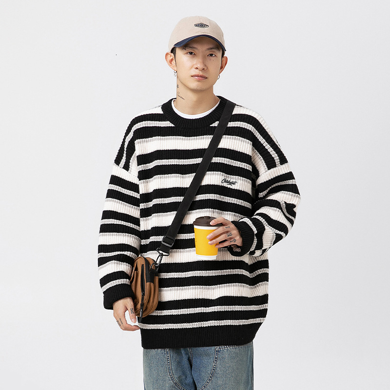 Striped Thick Knit Sweater For Men 2025 Autumn Winter New Designer Sweater Couple Color Block Round Neck Knitwear Jacket