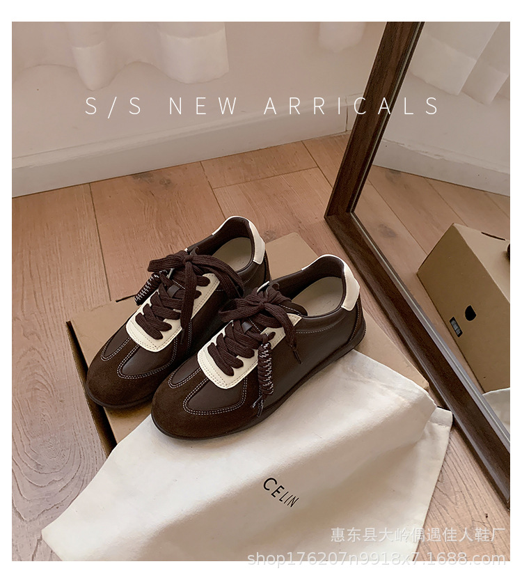 Cowhide lace-up color-blocking round toe versatile casual sneakers women's leather board shoes to increase height training shoes2025