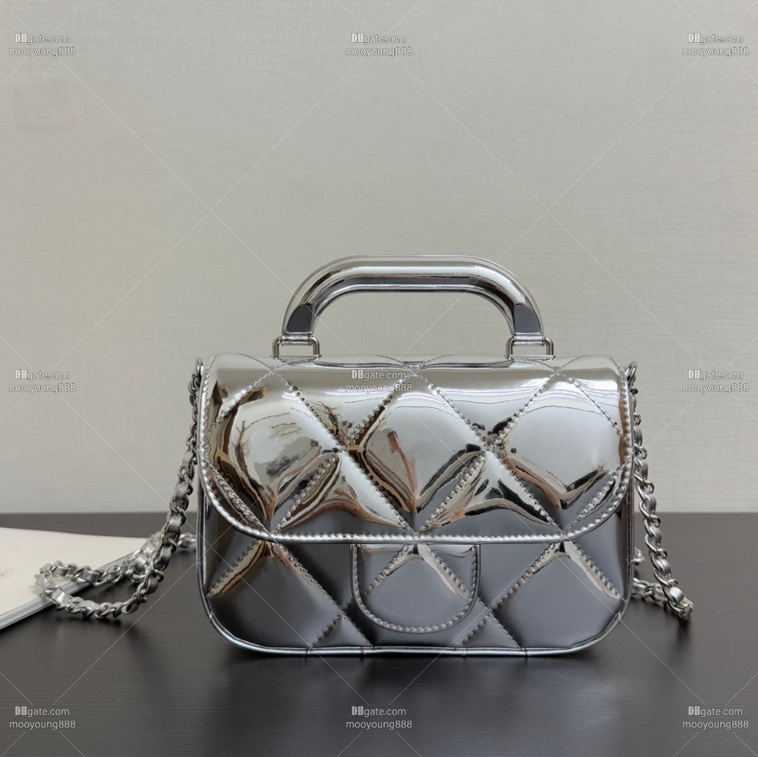 12A Upgrade Mirror Quality Designer Mini Flap Bags for Women 18cm Genuine Leather Handbag Quilted Shoulder Chain Bags Silver Crossbody Purse with Box