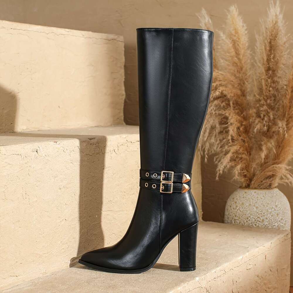 Women's European Style Knee-High With Side Zipper, Chunky Heel, And Metallic Buckle Straps - Black Faux Cover, Casual Wear, Winter Pointed Toe | 