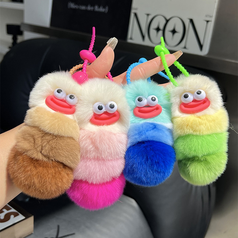 Adorable Caterpillar Rabbit Fur Plush Keychain Doll Car Accessory Backpack Charm Gift