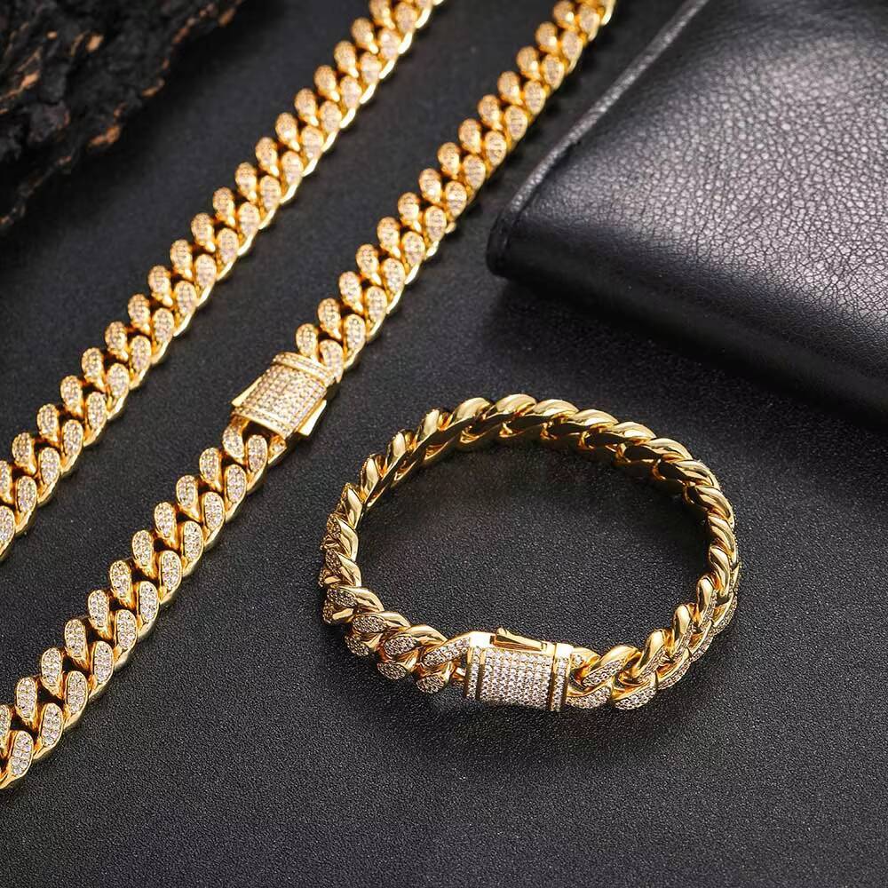 High Quality 12mm Hip Hop Chain Iced Out Cuban Bracelet Two Row moissanite Stone Gold Plated Cuban Bracelet for Men Designer's style