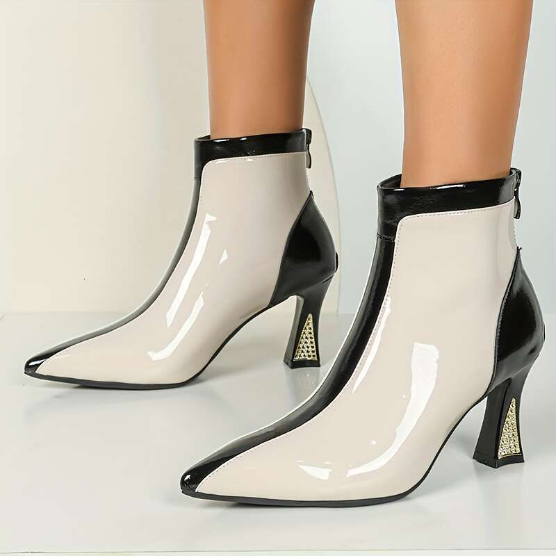 Women's Elegant Chunky Ankle Boots - Pointed Toe, Black White Color Block PU Cover Upper TPU Sole, Zipper Closure, Retro Style For Casual & Wear,