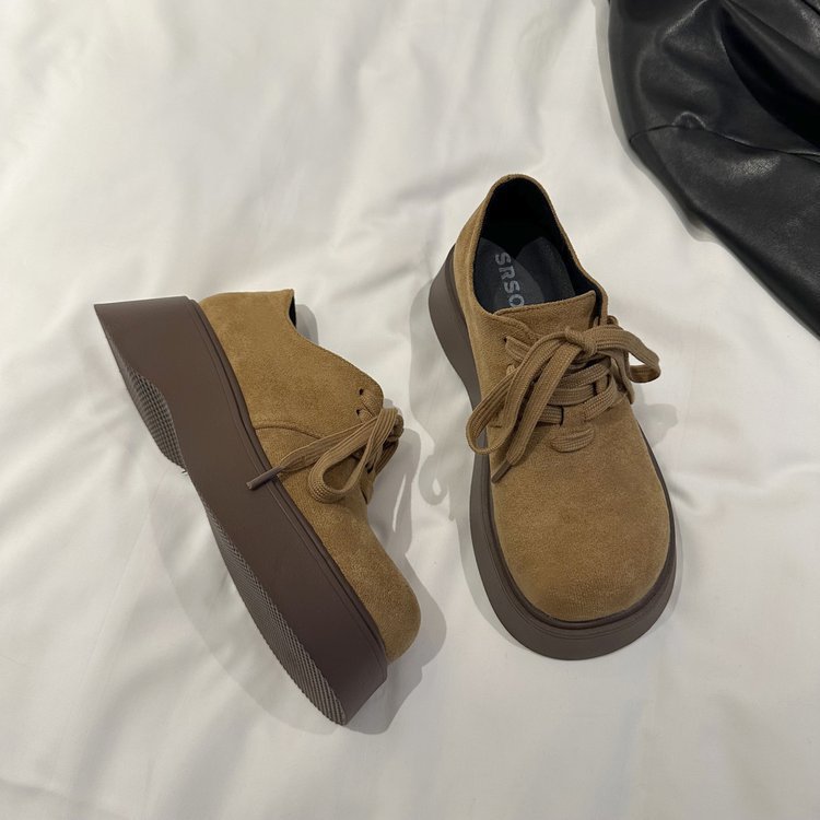 Vintage shoes autumn fashion small man height muffin loafers round toe lace-up platform single shoe trend2025