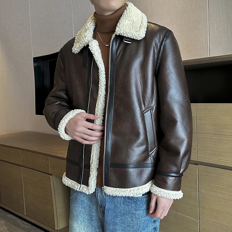 Autumn and winter warm thick leather jacket for mens trendy slim fit lapel motorcycle suit 251029