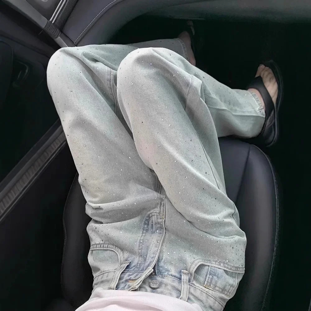 Retro Light Colored Heavy Rhinestone Straight Leg Denim Jeans Womens Casual High Waist Slimming Wide Leg Pants n Spring 20 251029