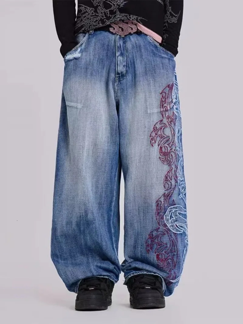 American Fashion Trend Old Pattern Embroidery Baggy Jeans Women Y2K Gothic Harajuku Casual High Waist Wide Leg Trousers 251029