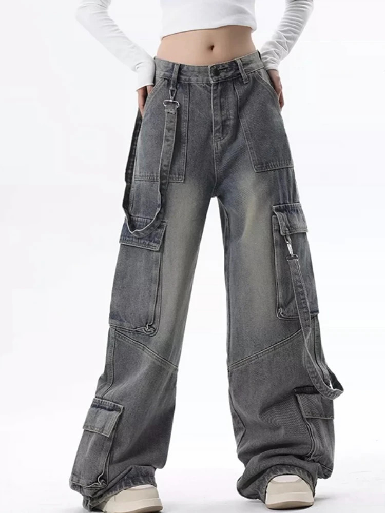 Cargo Jeans for Women Baggy High Street Chic Allmatch Daily Vintage Ins Waist Trousers Autumn Multipockets Classic 251029