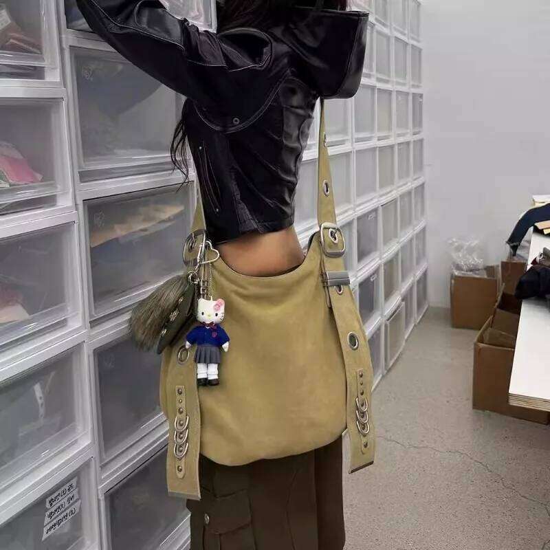 Belt Buckle Women Designer Handbag And Purses PU Rivet Multiple Pockets Y2k Large Capacity Shoulder Bags Big Totes