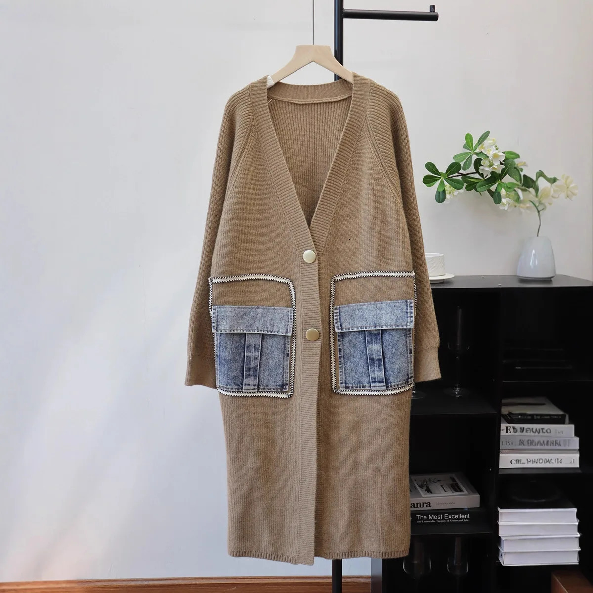 Spliced Women Cardigan Sweaters Knitted Long Jumpers V Neck Long Sleeves Denim Pocket Button Loose Fit Casual Autumn Winter 2025 251029