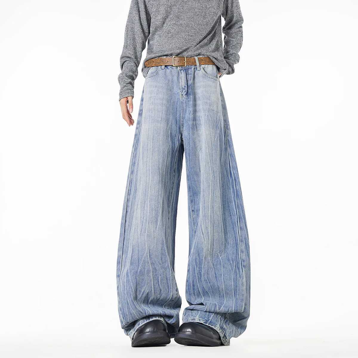 2025 New Men Wide Leg Jeans Loose Fit Light Blue Washed Denim Trousers High Quality Trendy Fashion Streetwear Hot Sale J251030