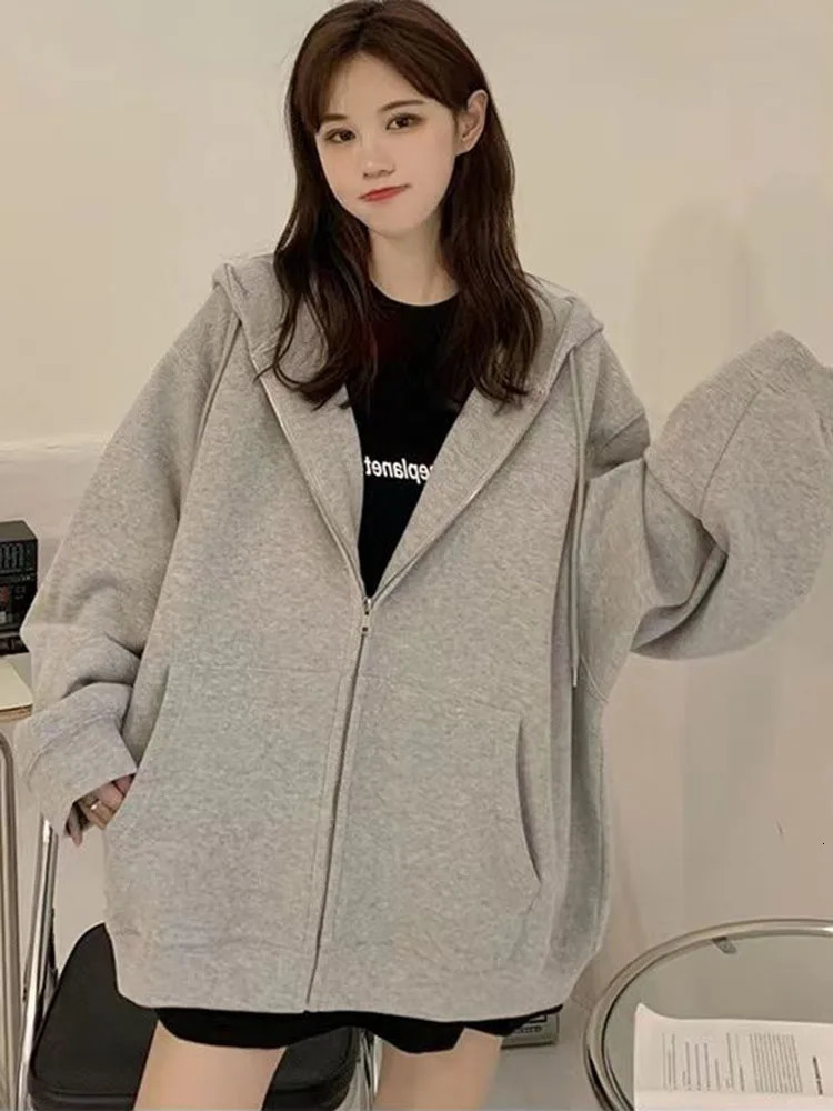 Oversize Womens Sweatshirts Autumn Casual Korean Long Sleeve Hooded Zipup Y2k Hoodies Streetwear Harajuku Female Clothes Black 251030