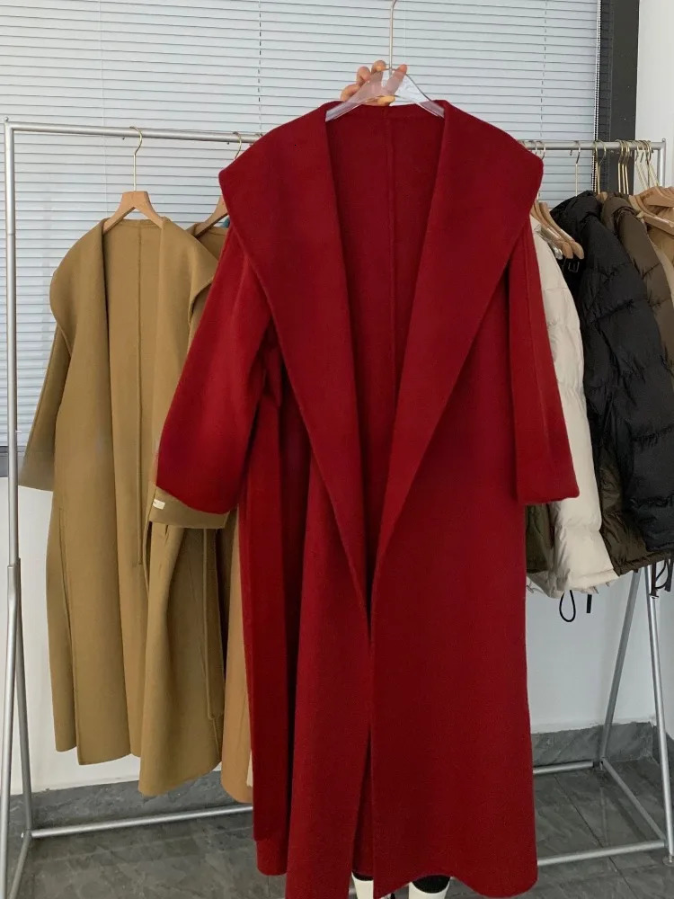 Black DoubleSided Woolen Coat Elegant Long Belt Slim Jacket Winter High Quality Large Collar Loose Wool Coats Women 251029