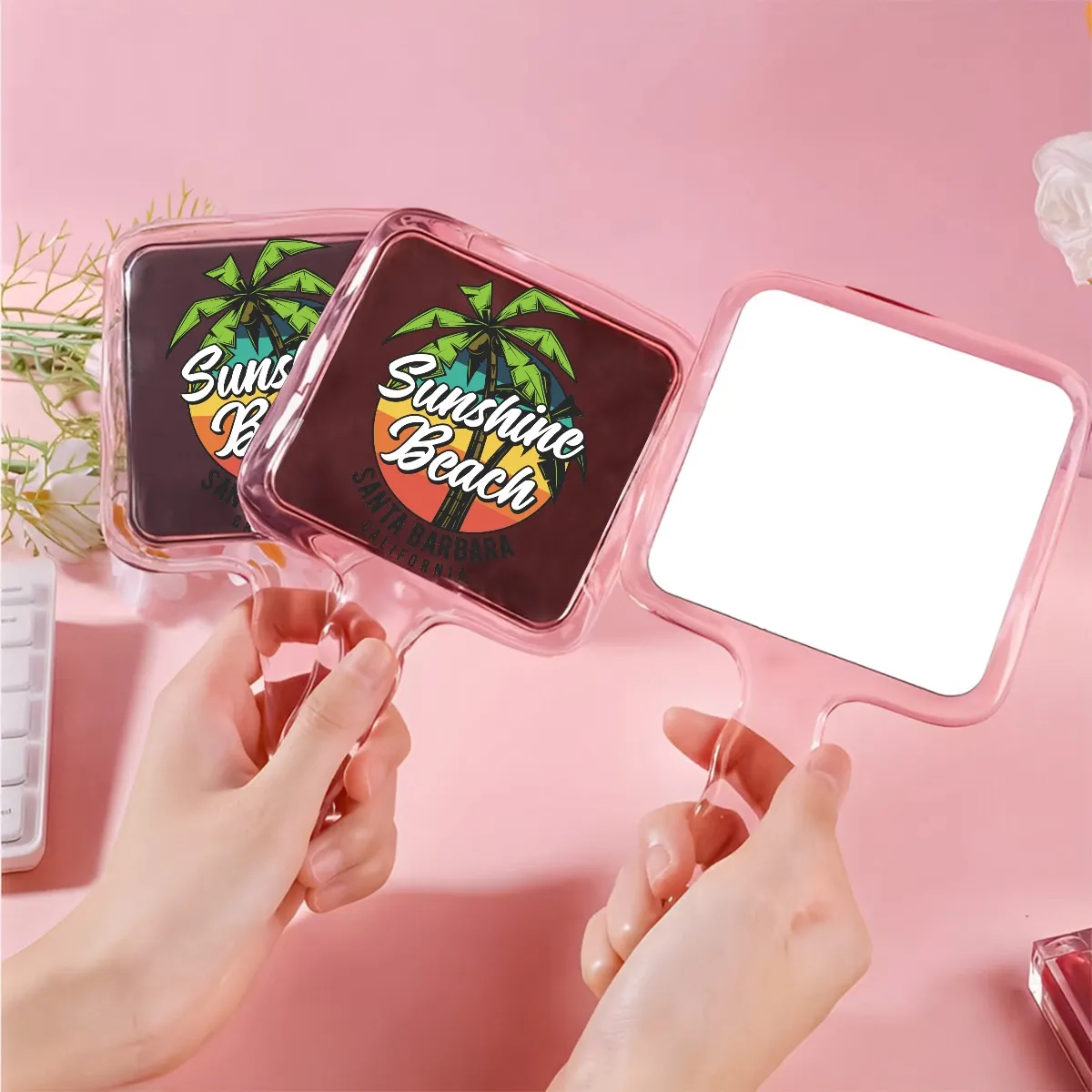 Pink Handheld Mirror, Cute Water Drop Shape Makeup Mirror with Ergonomic Handle, HD Glass for Precision Cosmetics & Touch-Ups