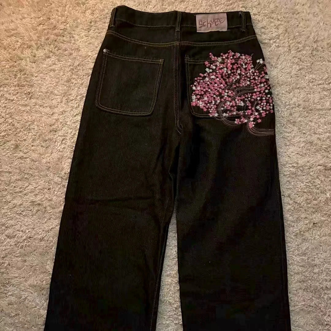 Y2K 2000s Cherry Blossom Pocket Embroidery Fashion Hip Hop Loose Men And Women Clothing Retro Casual Wide Leg Streetwear 251029