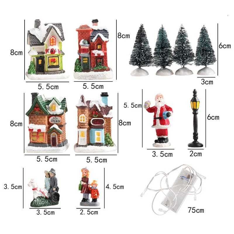 LED Resin Christmas Village Ornaments Set Figurines Decoration Santa Claus Pine Needles Snow View House Holiday Gift Home Decor C251030