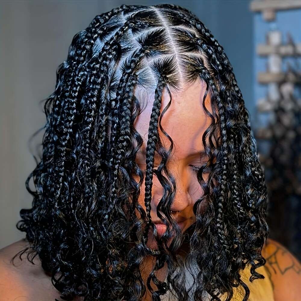 Bohemian Style Woven - Knotless Goddess With Curly Full Square Synthetic Braid Wig Featuring, Suitable For Women, Natural Black Braided Lace Front Wig