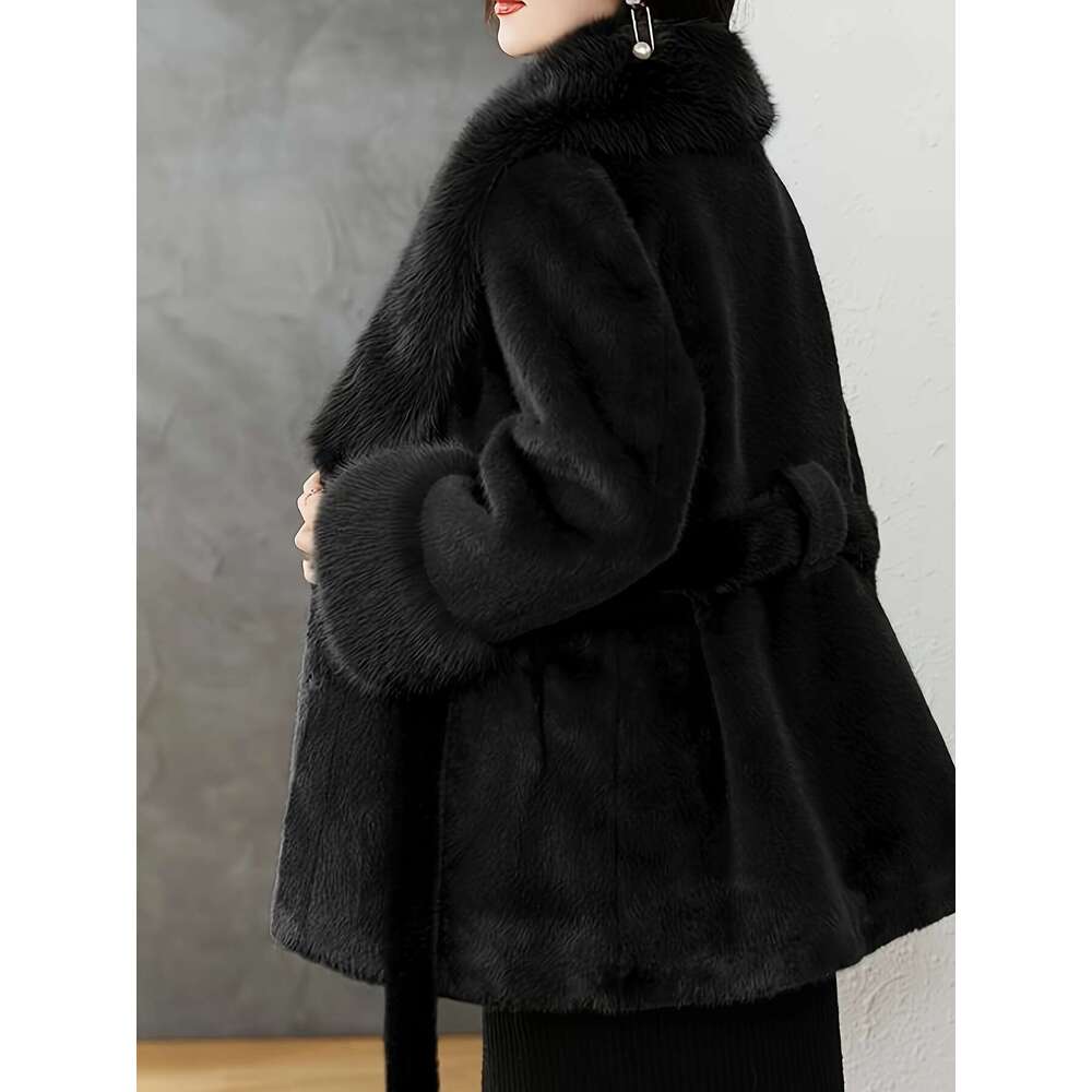 Women S Elegant Fur Lined Coat With Oversized Faux Fur Hood Imitation Grass Tie Belt Rich Brown Hand Wash Dry Clean Only Outerwear For Weather Winter