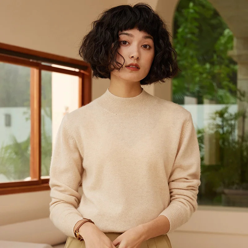 2025 AutumnWinter Womens Sweater 100 Cashmere Half High Neck Knitted Hoodie Solid Color Casual Top 251016