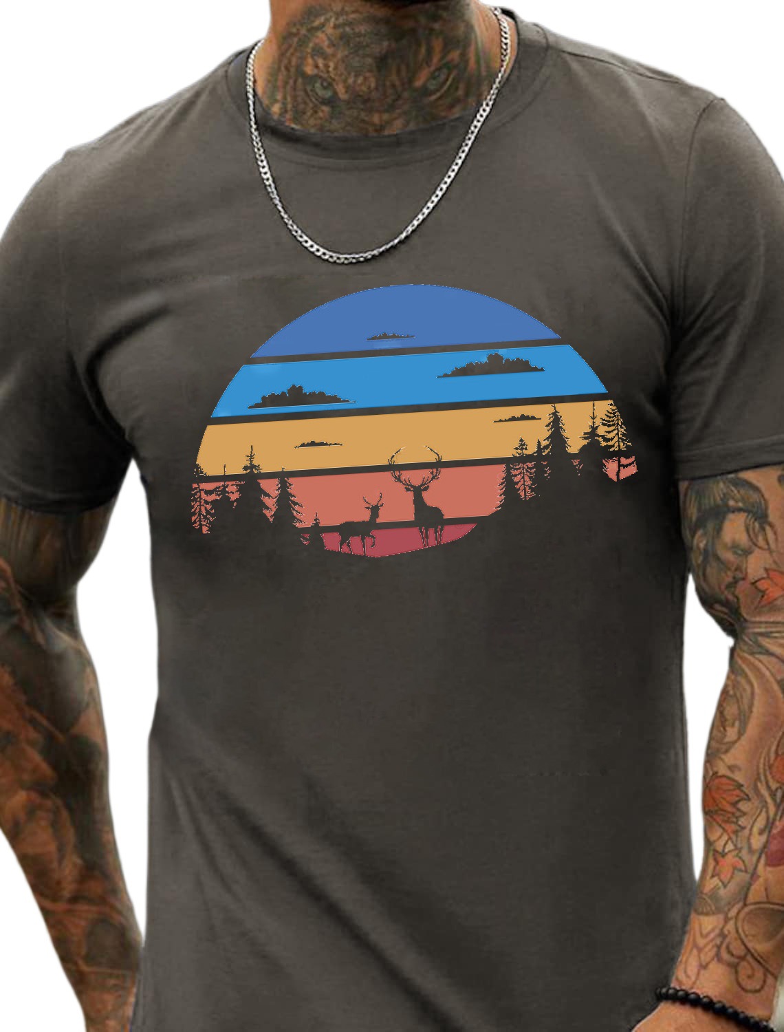 European & American Oversized Vintage Deer and Tree Print Fashionable Men's Cotton Summer T-Shirt - TT7086