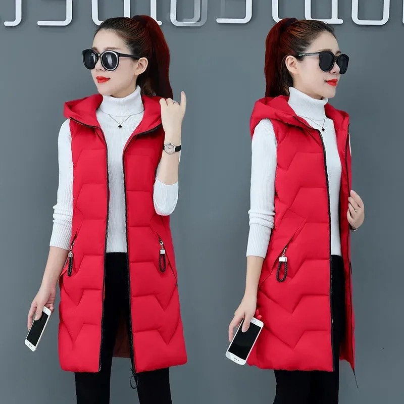 2025 Winter Sleeveless Waistcoat Women Warm Puffer Jacket Ultra Light Mid Long Down Cotton Vests Female Outwear Casual Tops 251029