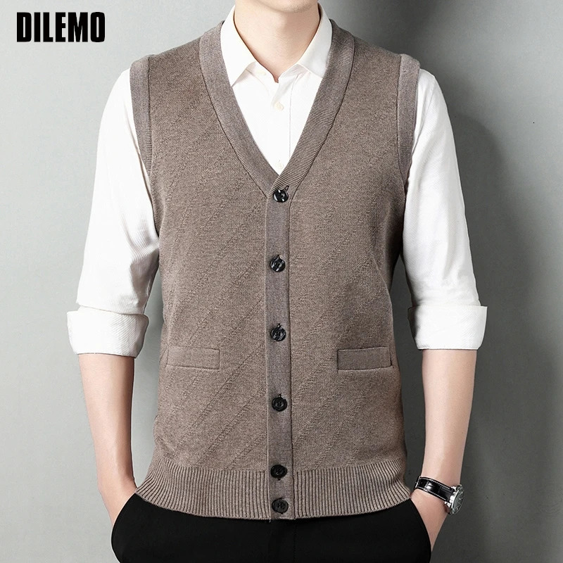 Top Grade Autum Winter Fashion Cardigan Knit V Neck Woolen Casual Sweater Vest Sleeveless Trendy Mens Clothes 2025 251017