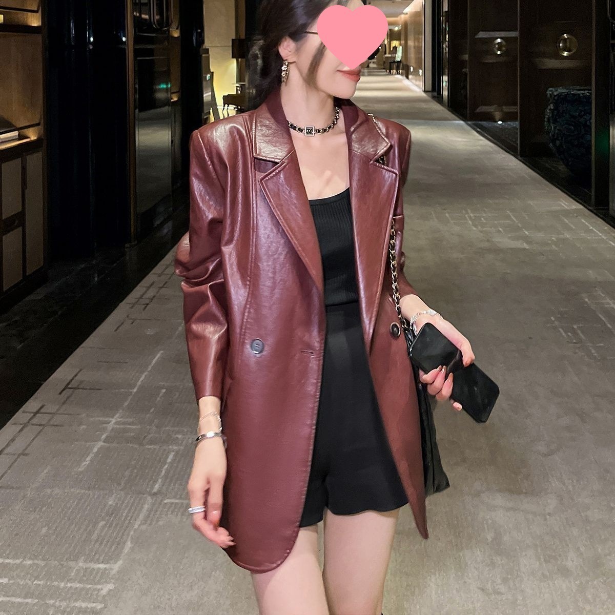 Angora Red Street Style Leather Jacket Suit Spring Autumn New Loose Leather Jacket Coat Womens Top 250103