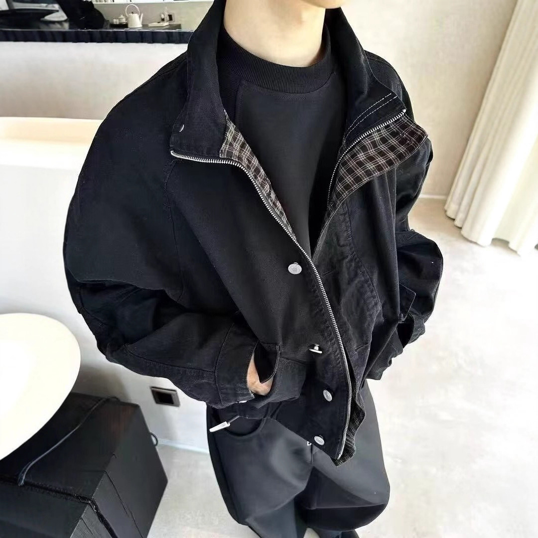Vintage Distressed Denim Short Jacket For Men Autumn New Movie Style Loose Designer Coat Casual Stand Collar Jacket