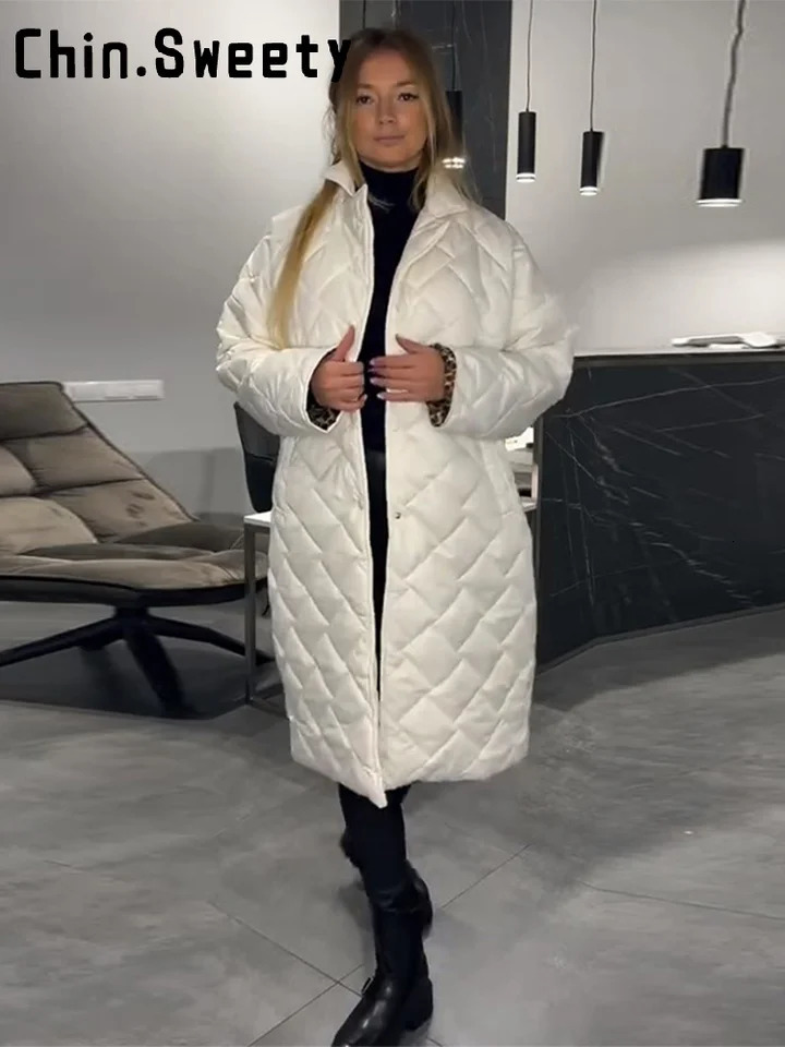 Fashion Leopard Split Long Quilted Jacket Women Loose Lapel Single Breast Street Warm Coat 2025 Autumn Winter Lady Outwear 251030