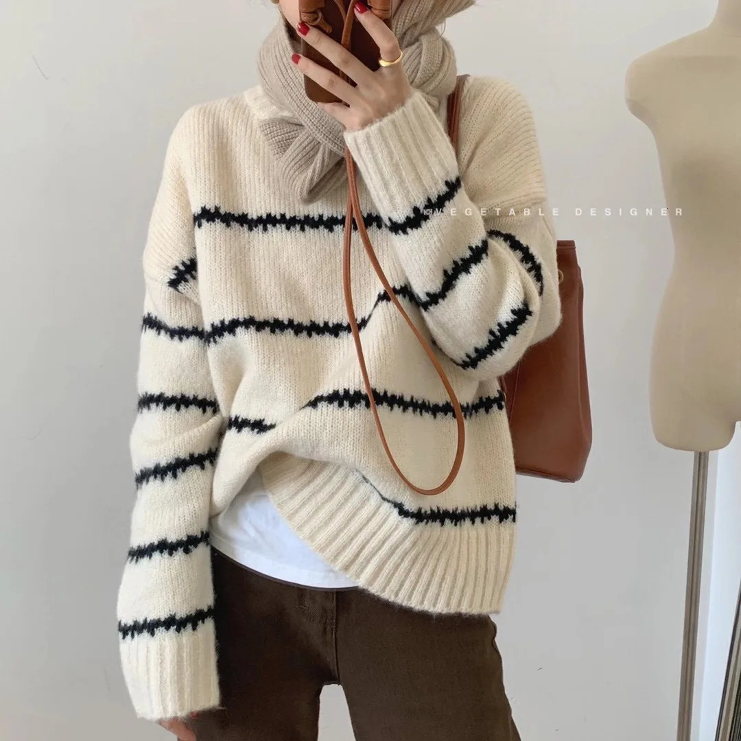 Women Knitted Sweater Pullovers Basics Long Sleeve ONeck Striped Knit Casual Pullover Tops Sweaters 251029