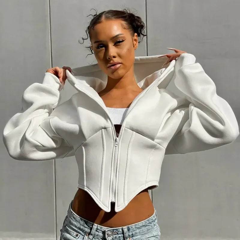 Streetwear LongSleeved Fleece Zipper Hooded Sweatshirt Womens Solid Color Chic Casual Slim Cardigan Jacket Ladies Hoodies 251030