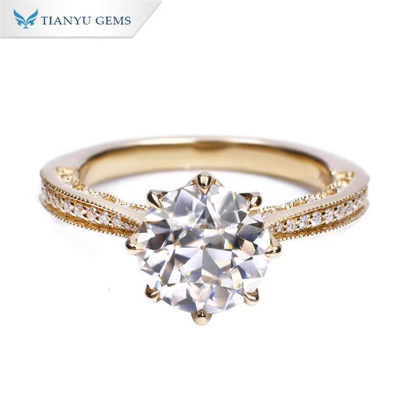 Tianyu Gems 9mm 3ct OEC Cut Moissanite Diamond Ring D VVS1 Round Stone 18k 14k 10k Yellow Gold Women Ring Vintage Custom Jewelry