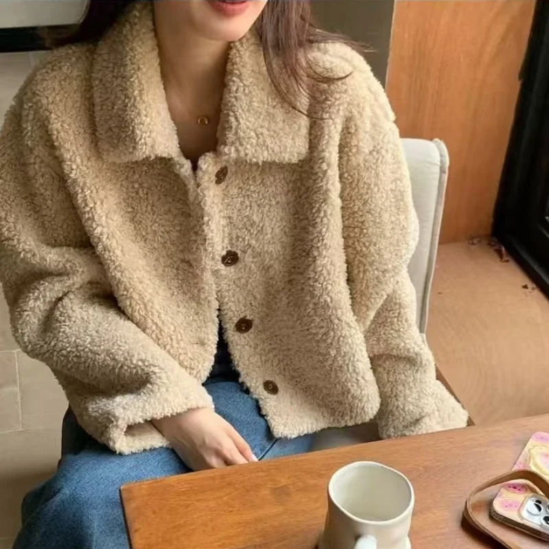 Women Autumn Winter Double Fleece Warm Thicken Jacket Turndown SingleBreasted Short Outerwear Loose Fashion Casual Overcoat 251028