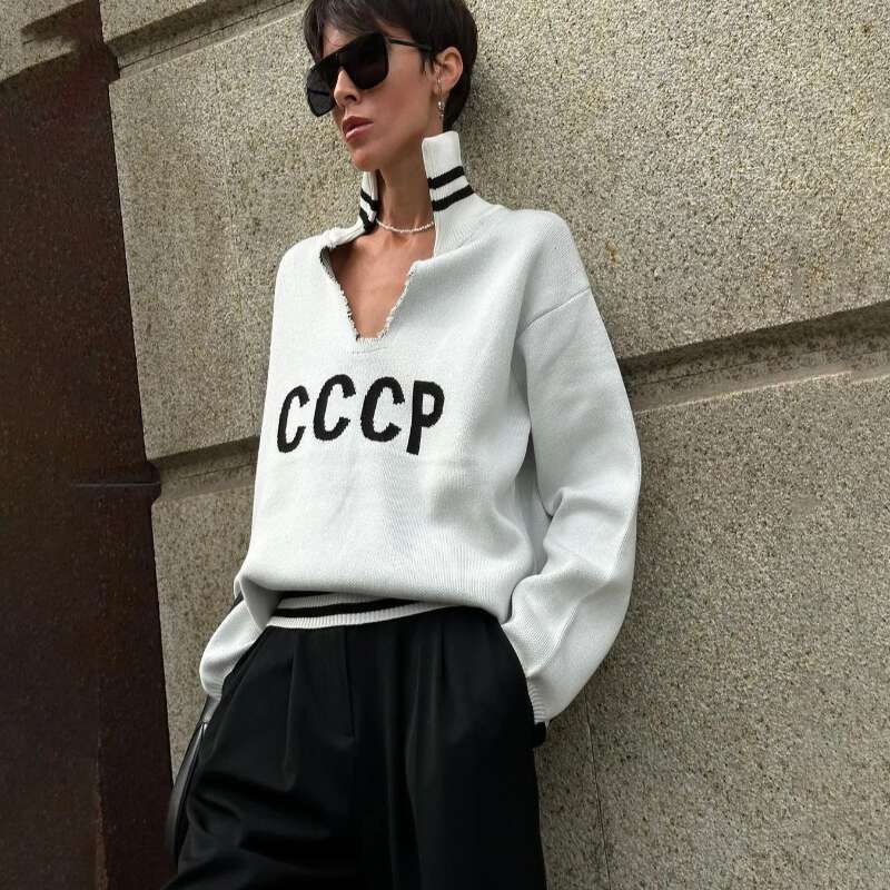 Autumn V-Neck Patchwork Letter Streety Tops Loose Casual Pullovers Long-Sleeved Knitted Shirts Women Sweater Designer Sweater Women Bear Sweater
