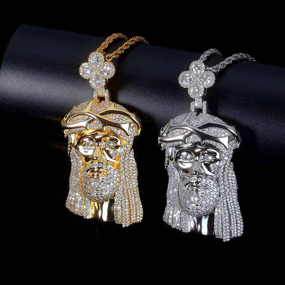 NUOYA Mens Diamond Jesus Head Pendant Necklace Inlaid Silver Gold Plated Christ Face Clover Hook Religious Jewelry Designer's style