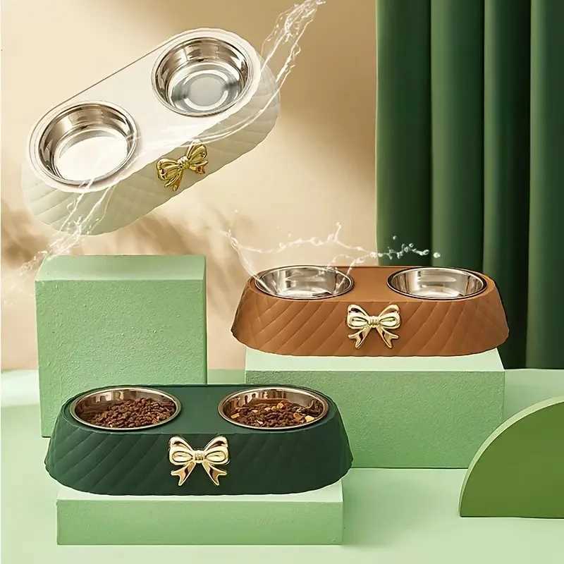 1PC Pet Dog and Cat Food Bowls Bowtie Dog Food Drinking Double Bowl Pet Supplies J251113